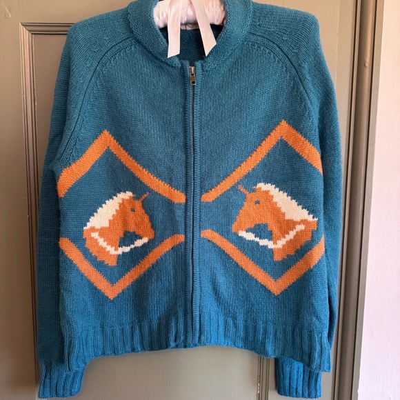 Anthropologie X Tiny Teal Horse Patterned Zip Up Cardigan EUC - Picture 2 of 6
